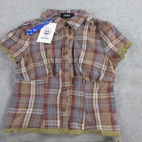 Cider Cotton Plaid Mini Skirt Set Women XS Brown Plaid Two Piece Outfit Collared - Picture 2 of 10